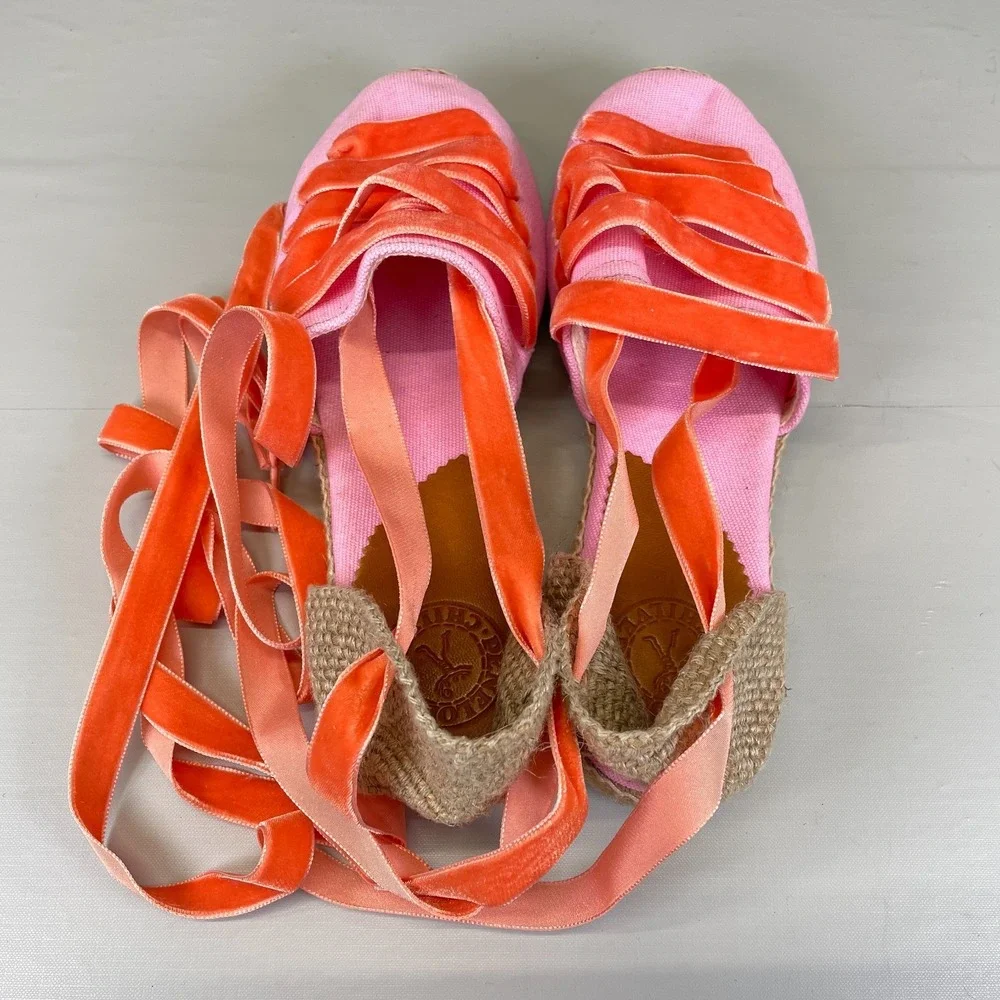 Penelope Chilvers Espadrille Sandals Womens Size 38 US 7 Pink Canvas Ribbon Shoe